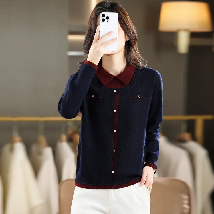 秋冬新款长袖针织衫大码女装假两件小香风上衣百搭外穿毛衣打底衫