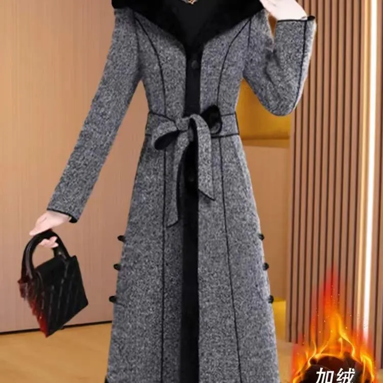 【送腰带】【加绒加厚】2025春秋新款气质长袖风衣3656毛呢外套女