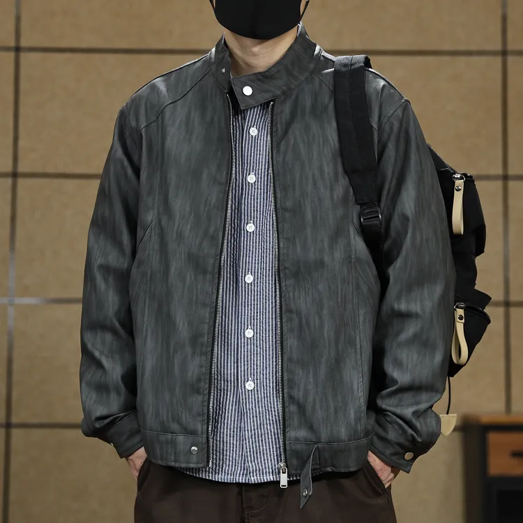 美式立领PU皮衣夹克男士外套2025春秋季新款大码休闲潮牌百搭衣服
