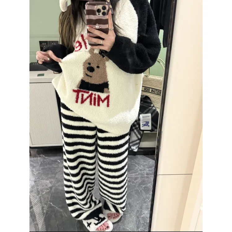 半边绒睡衣女款秋冬季2025新款网红珊瑚绒加厚加绒保暖家居服套装