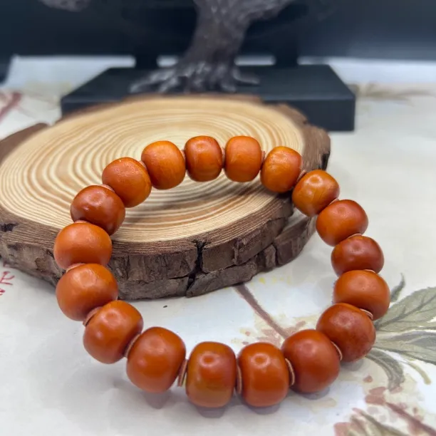 收藏级老蜡级品欧回橘皮纹石膏花蜡老型手串十四