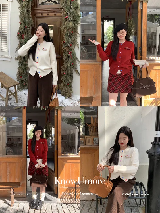 知葵微胖定制【圣诞学院派】秋冬圣诞学院风开衫毛衣+短裙套装3082