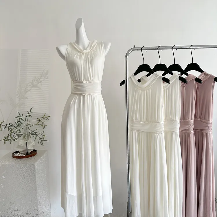 从一时刻志玲姐姐高级弹力网纱连衣裙蝴蝶结收腰飘带温柔长裙