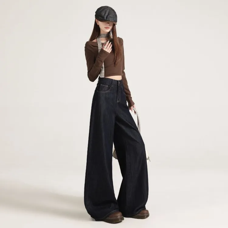深蓝阔腿牛仔裤女2025新款高腰显瘦宽松垂感慵懒休闲直筒拖地裤子