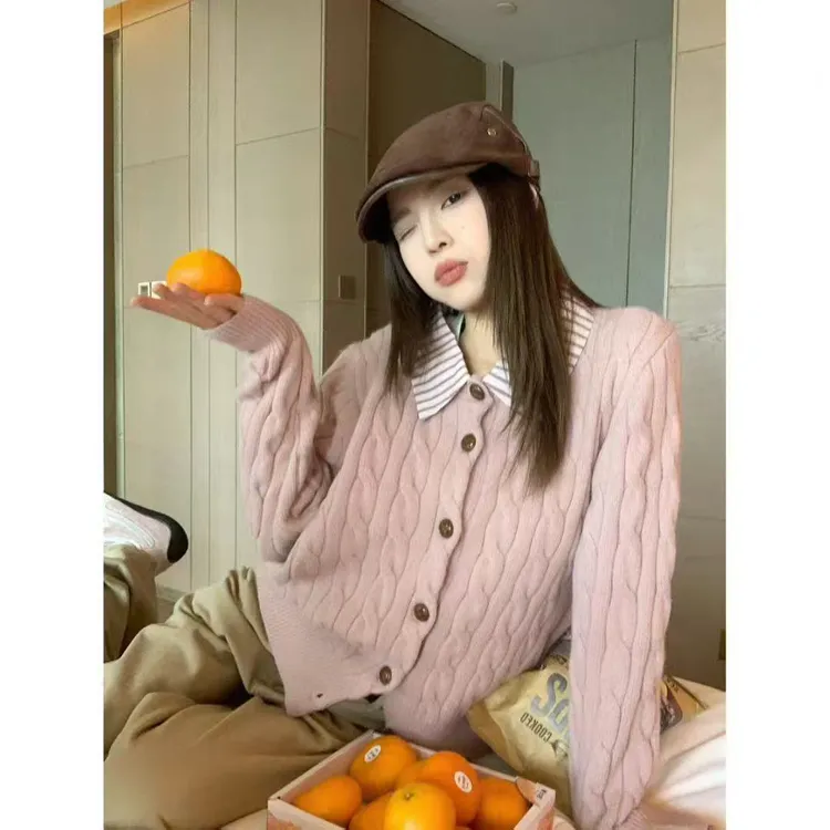 粉色假两件polo领针织开衫女2025冬季外穿独特漂亮毛衣外套