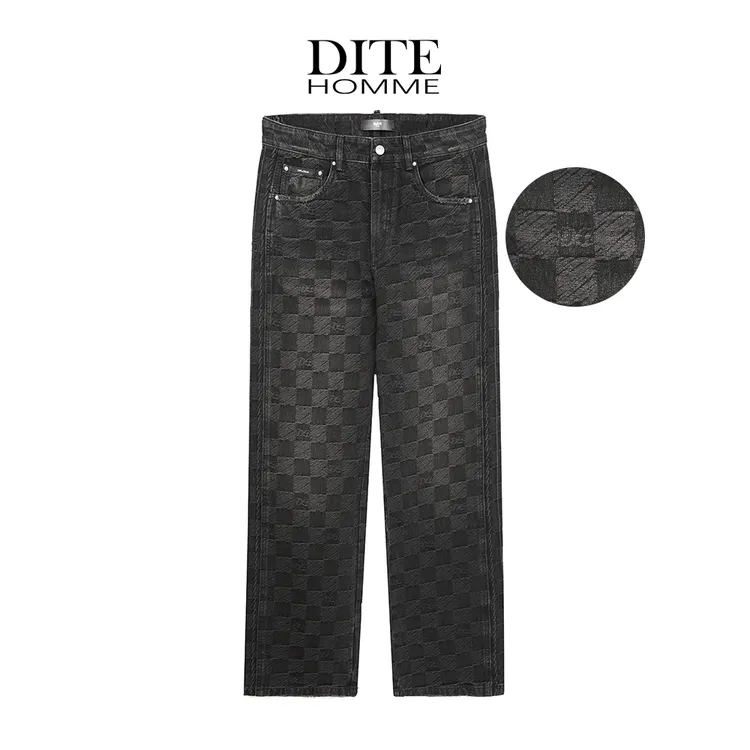 Dite迪特男士25年秋冬直筒裤复古设计师棋盘格印花潮流美式牛仔裤