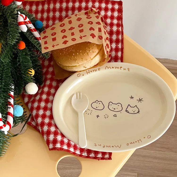 ins风可爱插画猫咪甜品盘陶瓷装椭圆盘水果盘甜品沙拉盘陶瓷盘