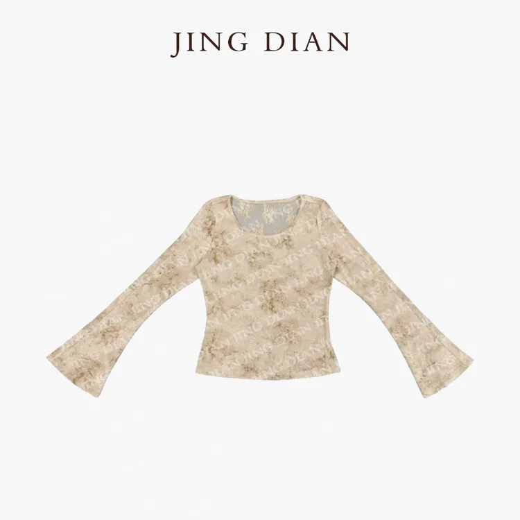 【JINGDIAN】小众款后背蕾丝圆领喇叭长袖小衫 设计款气质女士长袖