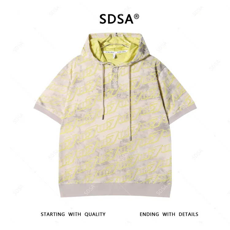 T4344夏季新款男士痞帅潮牌割破设计半纽扣连帽短袖T恤轻奢百搭