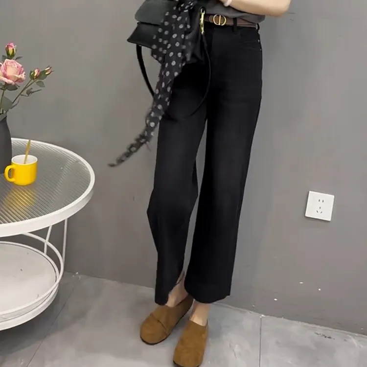 2025年春秋季新款黑灰色直筒裤九分裤法棍牛仔裤子女高腰宽松显瘦