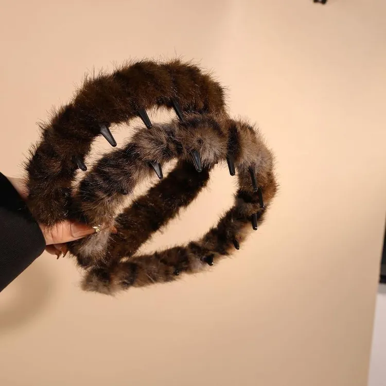 秋冬带齿防滑毛绒豹纹发箍女款高颅顶外出百搭高级感发卡头箍发饰