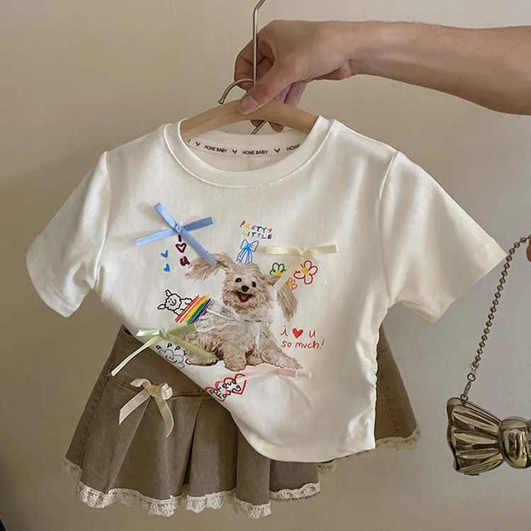 女童短袖可爱蝴蝶结T恤夏季新款韩版女童辣妹风潮款洋气休闲上衣