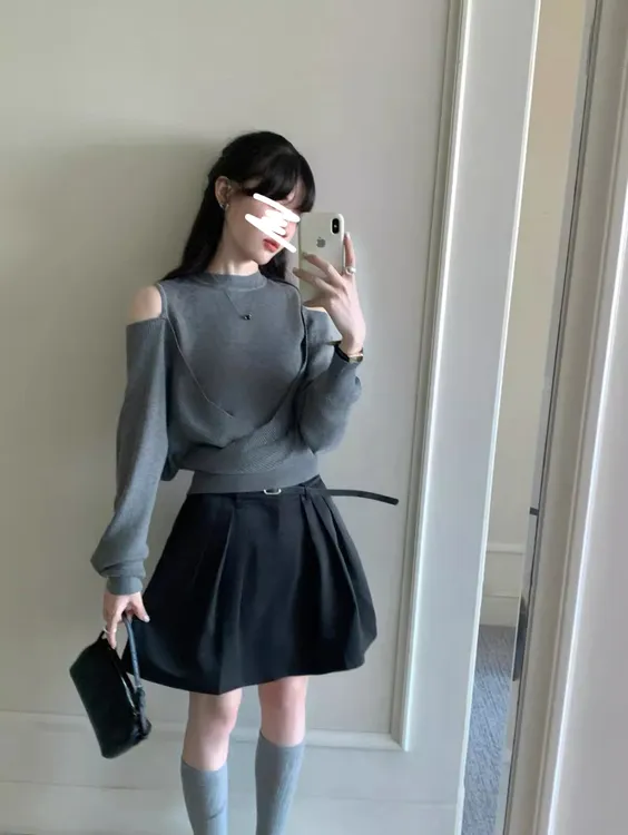 韩系辣妹套装露肩套头长袖针织衫上衣女秋季新款A字半身裙两件套