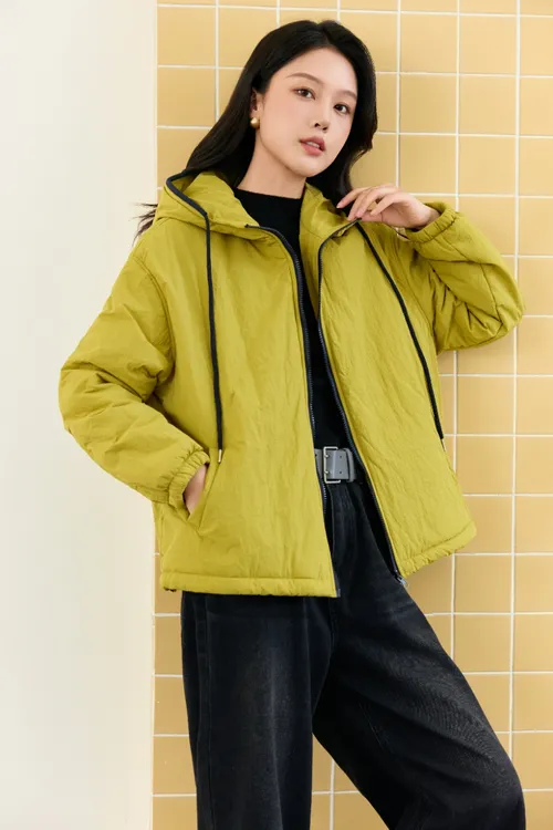 拼接女连帽棉衣领保暖棉服纯色厚款绵羊毛夹棉外套