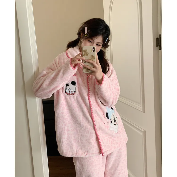 超柔软睡衣女冬季法兰绒米奇黛丝刺绣粉色豹纹印花珊瑚绒家居服