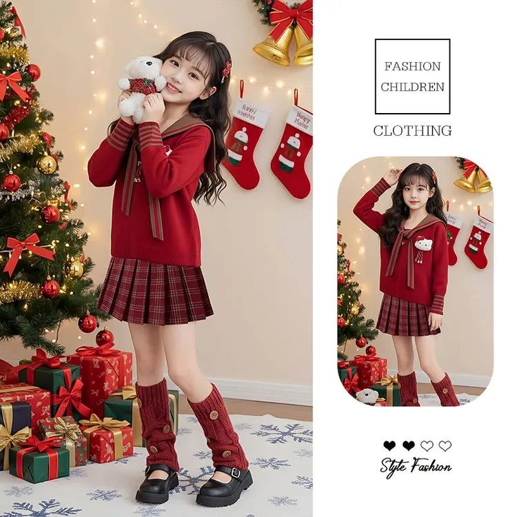 女童冬装套装2026年款衣服儿童拜年服学院风kt猫毛衣百褶裙两件套