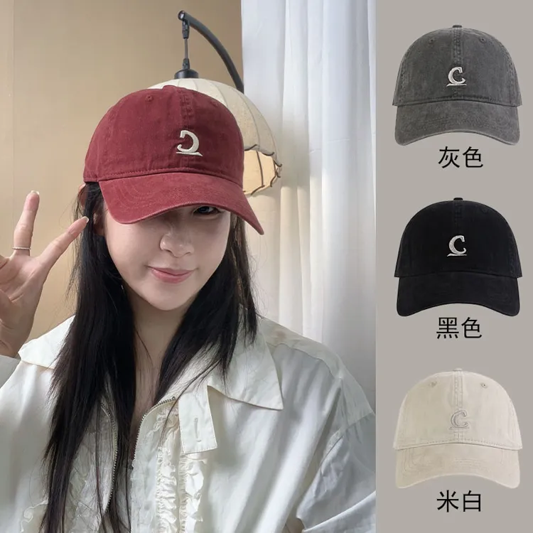 2025新款水洗做旧帽子女C字母棒球帽大头围深顶显脸小情侣鸭舌帽