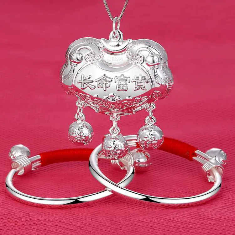 足银手镯 蛇宝宝银手镯999长命锁婴儿银锁小孩满月银手镯宝宝婴儿