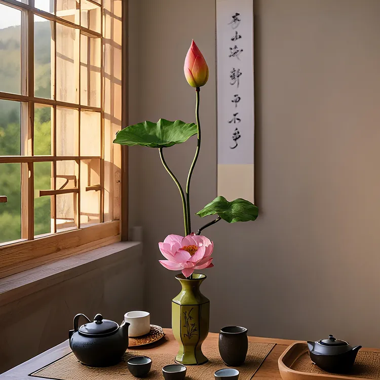 海虹景品莲年有余荷花盆栽仿真绿植造景壁龛玄关茶室中式仿真花