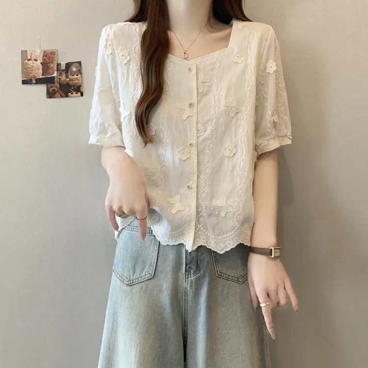 减龄洋气方领高端短袖衬衫夏季新款大码女装胖mm显瘦遮肚衬衣上衣