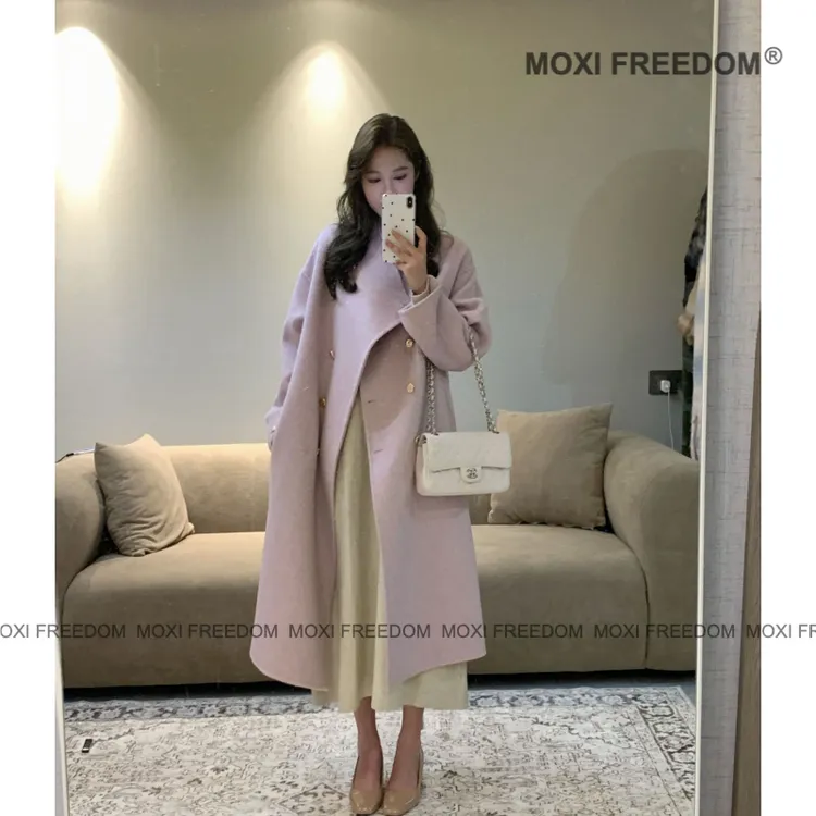 【暮色垂纱】25秋冬季紫色新款双排扣长毛过膝款双面羊毛呢子大衣女