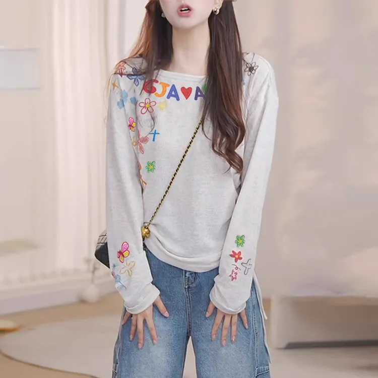 多巴胺减龄抽绳涂鸦长袖t恤女2025春秋新宽松显瘦设计感打底上衣