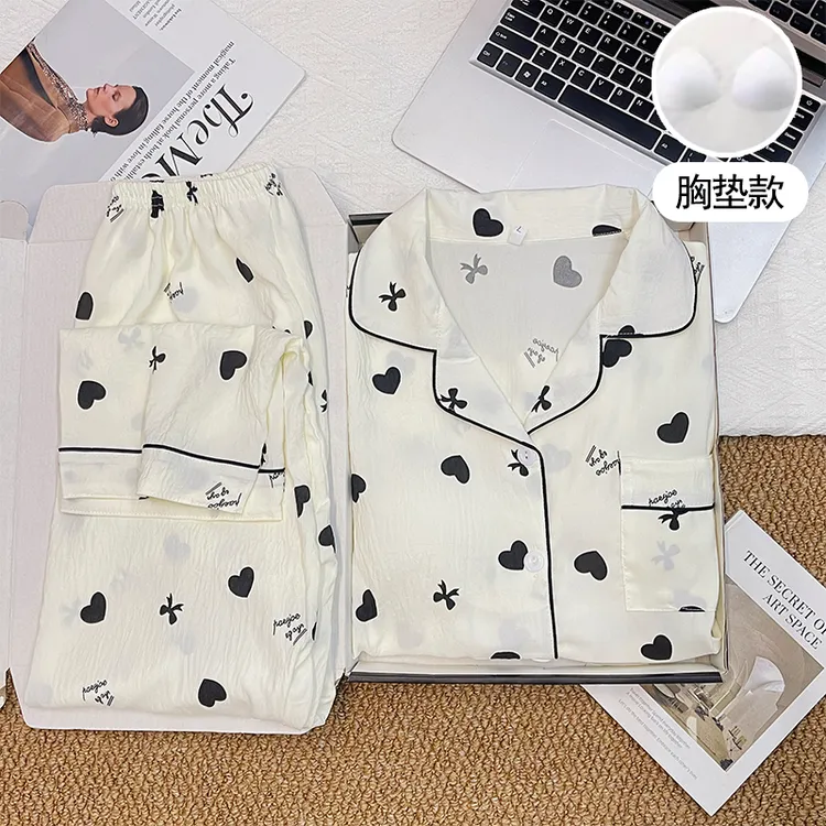 【带胸垫】长袖翻领睡衣女春秋季甜美可爱卡通家居服开衫套装139