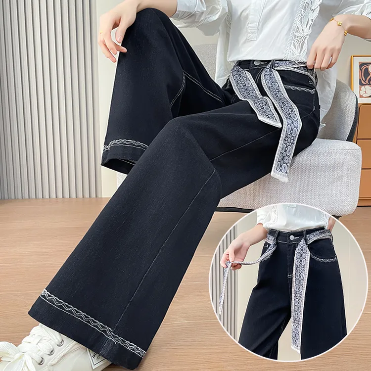 蜜蜜穿搭丹蓝色窄版阔腿牛仔裤女2025冬季配丝巾刺绣直筒加绒裤子