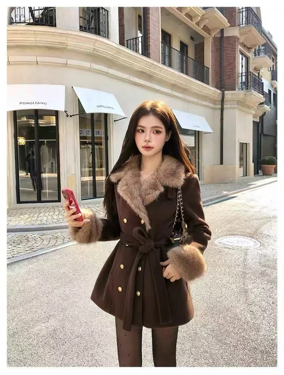 【古着秀场】法式复古皮毛一体系带收腰显瘦呢子大衣外套女