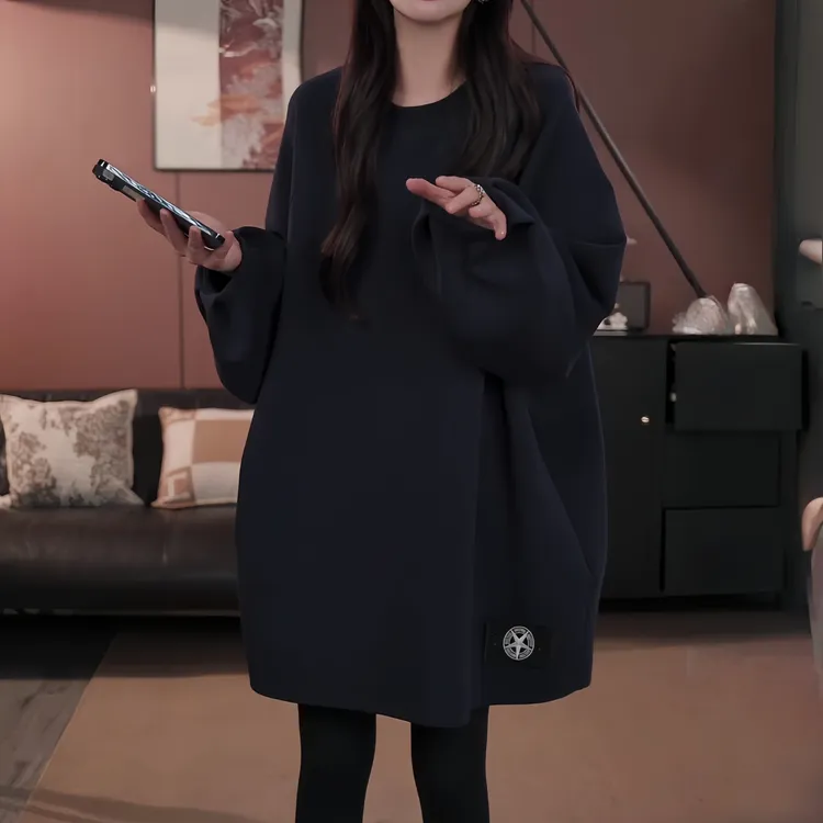 日系慵懒风纯色上衣宽松无帽秋冬薄款oversize卫衣女时尚简约外套