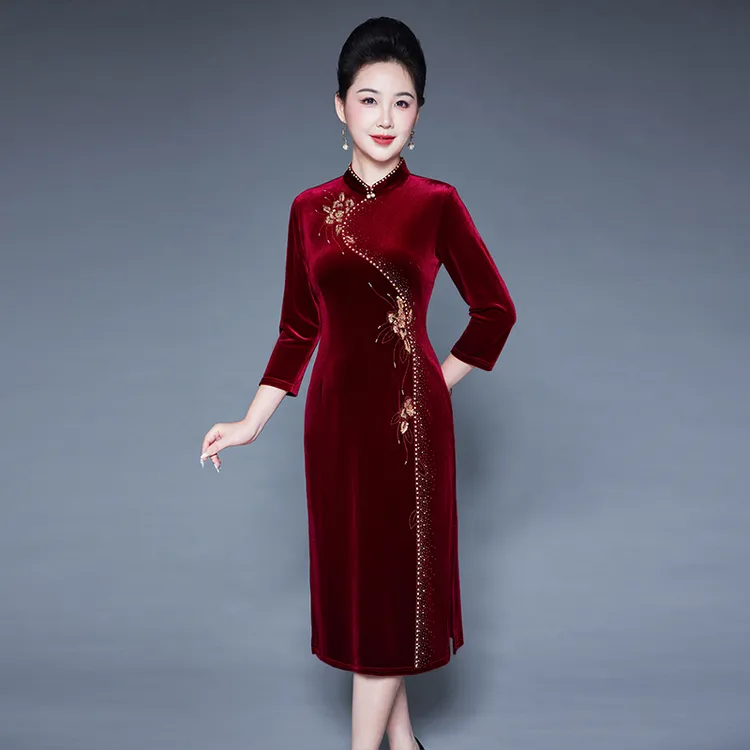 秋冬办婚礼喜婆婆结婚妈妈装显瘦保暖弹力婚宴礼服酒红色婚礼旗袍