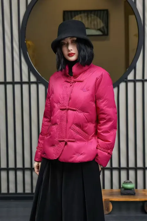 百搭中国风透气红色时尚立领加绒加厚款刺绣轻薄小棉袄短款中式