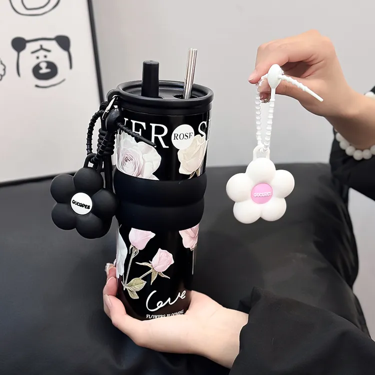 陶瓷2025新款繁花保温杯女大容量耐高温吸管水杯咖啡随行保冰杯子