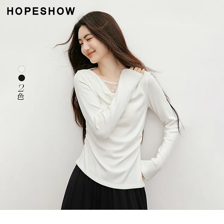 红袖2025秋新款女装 蕾丝拼接捏褶开叉荡领套头短上衣90225280208