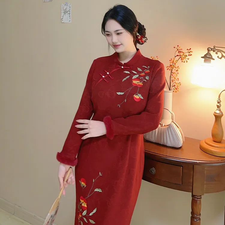 如意【自制款】针织提花加绒加厚刺绣新中式大码胖mm旗袍连衣裙红