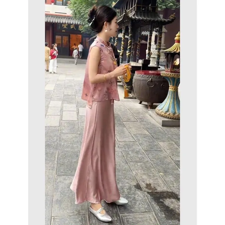 2025超火夏装一整套高级感清冷感禅意新中式国风上衣半裙两件套装