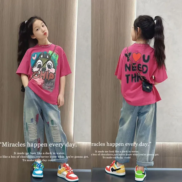 女童夏装短袖宽松上衣新款中大童洋气小女孩松鼠印花圆领正肩T恤