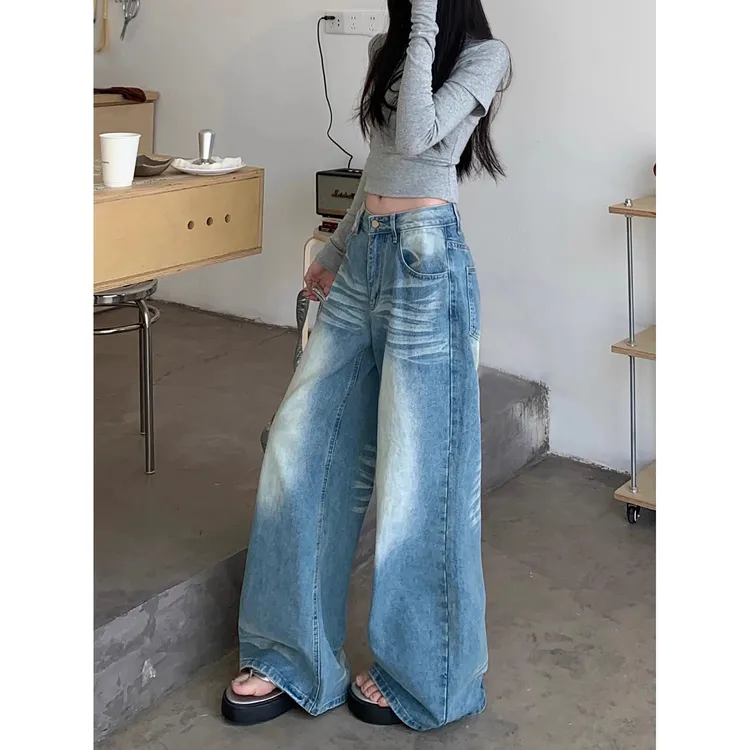 大码蓝色水洗复古抓纹牛仔裤女春季2025垂感高腰百搭拖地阔腿裤子