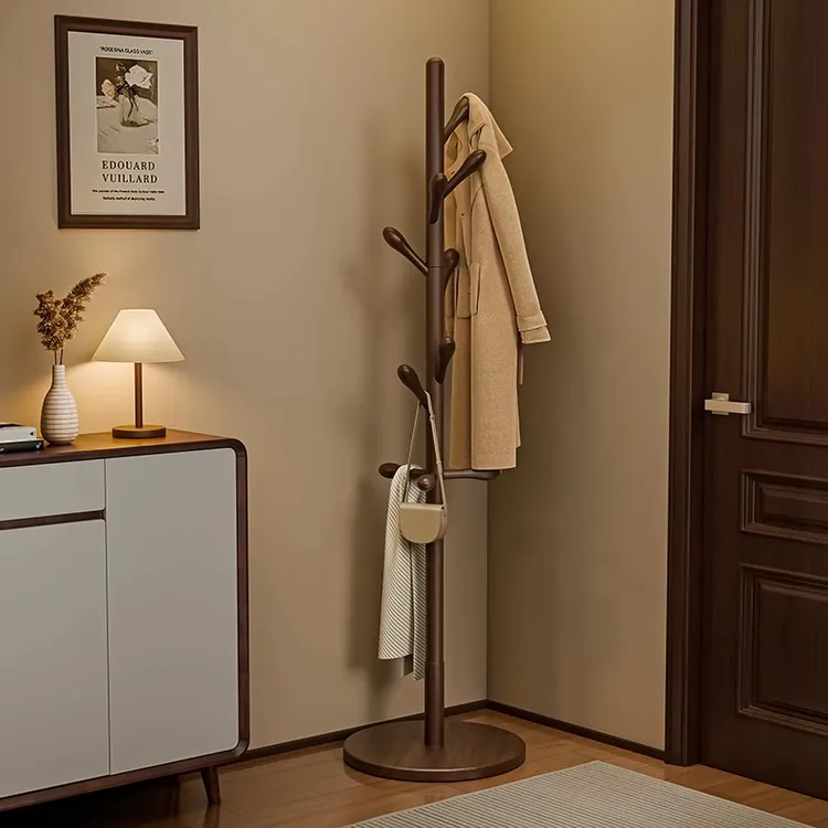 实木挂衣架家用落地卧室客厅衣帽架简易立式榉木挂衣杆入户门衣架