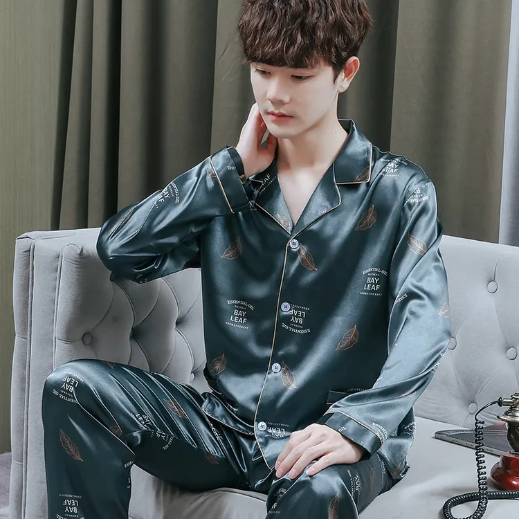 浪莎2025年新款冰丝丝绸男士长袖长裤春秋薄款大码男款睡衣家居服