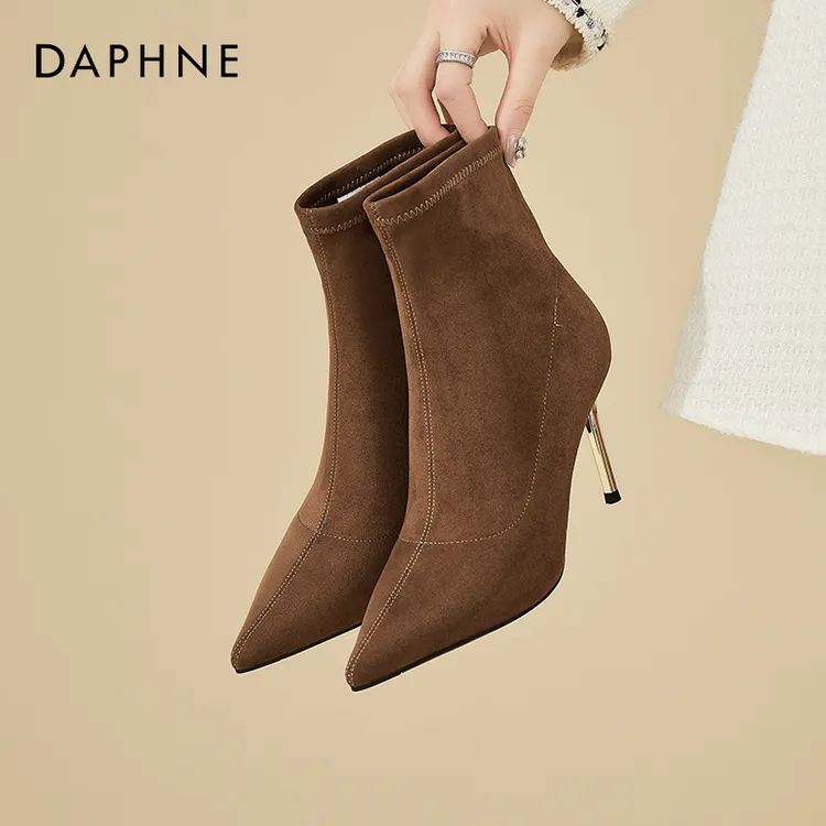 达芙妮弹力瘦瘦靴短靴女款2025秋冬季新款绒面袜靴尖头细跟高跟鞋