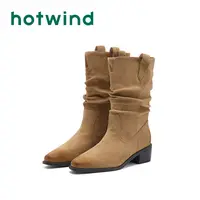 Hotwind热风新款潮流牛仔靴女2025秋冬粗跟短靴套筒褶皱堆堆靴
