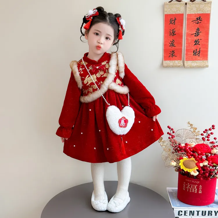 女童连衣裙秋冬2025新款小女孩中国风洋气新年装儿童红色加绒裙子