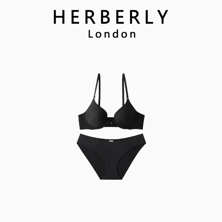 英国 HERBERLY 薄款深V光面前扣内衣性感锦纶无痕软钢圈文胸套装