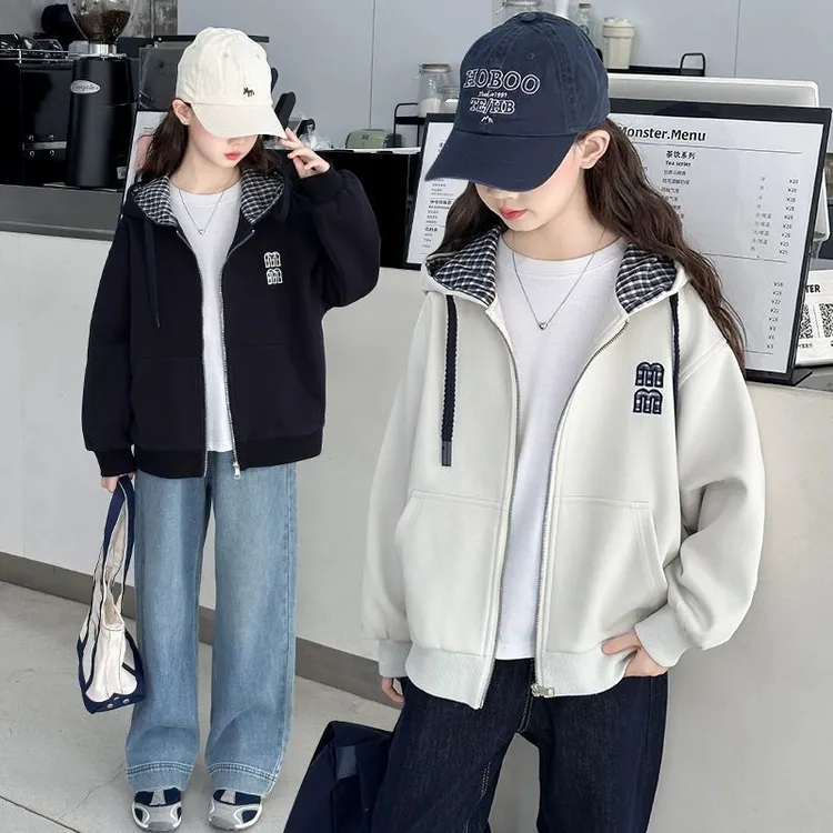 女童外套春秋款2025新款洋气大童女孩休闲卫衣儿童秋装宽松连帽衫