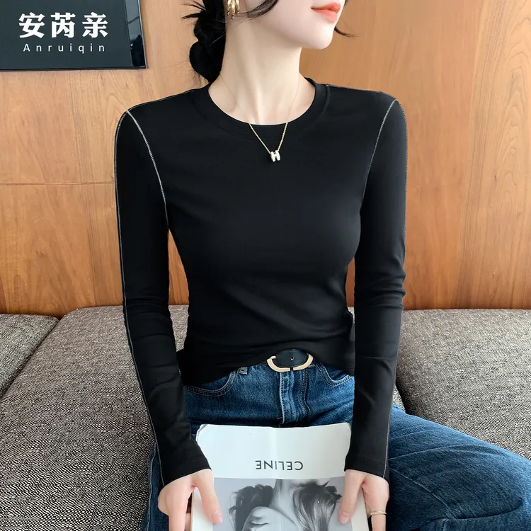 黑色圆领撞色长袖T恤女秋冬季新款小众设计感正肩上衣内搭打底衫