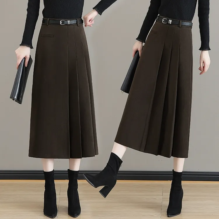 毛呢百褶半身裙女秋冬2025新款高腰A字中长款显瘦伞裙修身包臀裙 