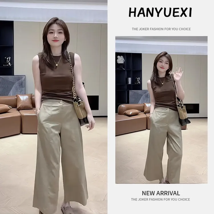夏季流行穿搭一整套女2025新款韩版无袖背心时尚阔腿休闲裤两件套
