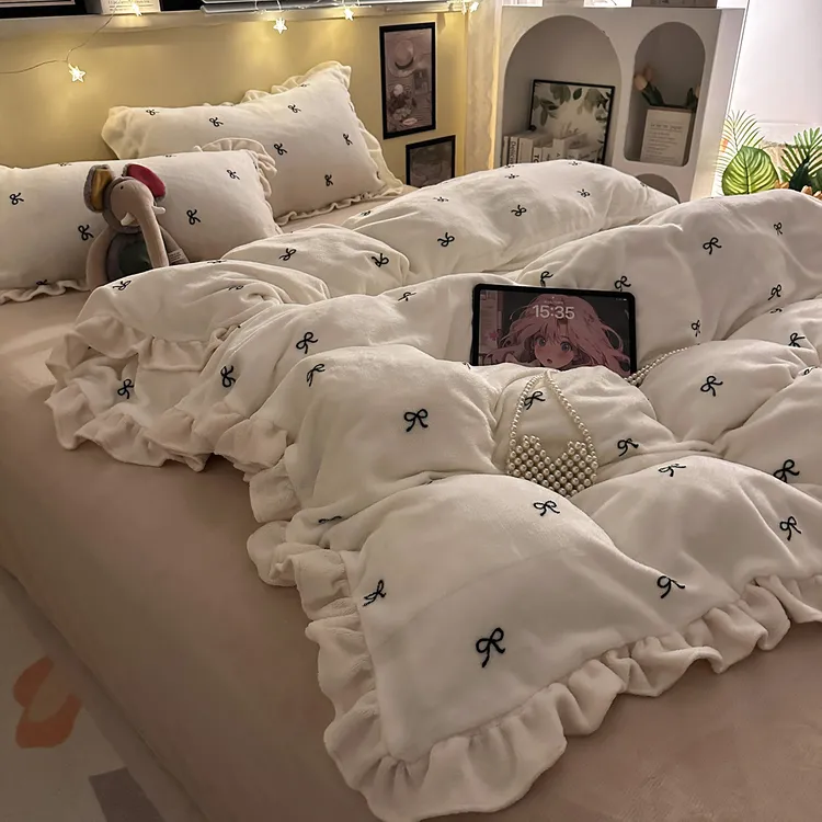 韩式花边冬季牛奶绒四件套法式保暖少女心加绒床单被套宿舍三件套