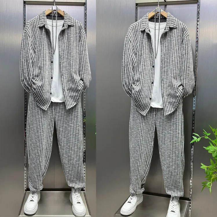 潮流百搭男士斜纹套装帅气翻领休闲衬衫条纹长裤时尚情侣款两件套